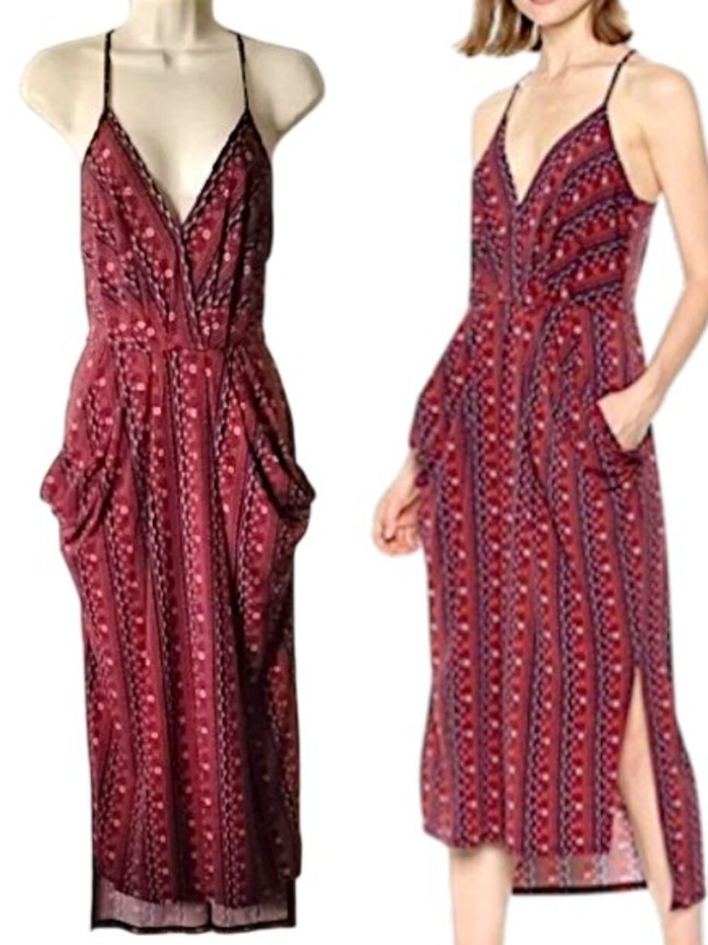 BCBG Draped Surplice Halter Racerback Midi Dress S Floral Stripes